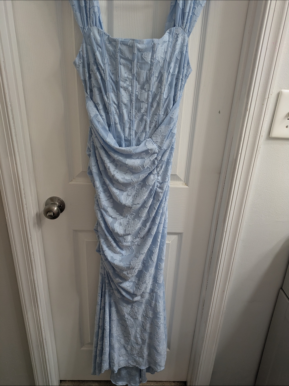 Corset Dress With Textured Floral Overlay Size M Mermaid Boning Ruched Bodycon - Picture 7 of 15